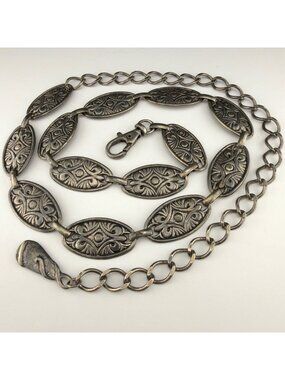 Vintage Silver Tone Concho Style Link Belt Engraved Oval Western Boho 36"